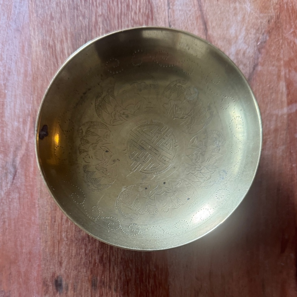 Antique Chinese Brass Bowl Engraved Birds Designs 4 inch